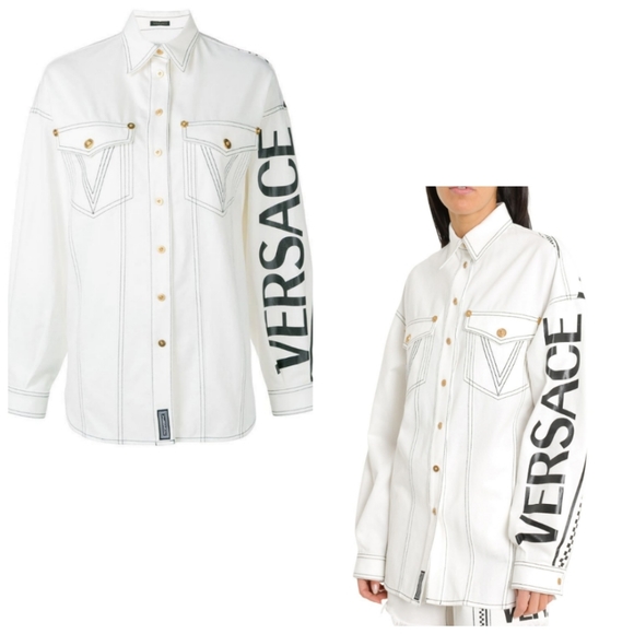 VERSACE Logo Mix Print Oversize Denin Shirt 44 M/L - Picture 3 of 3
